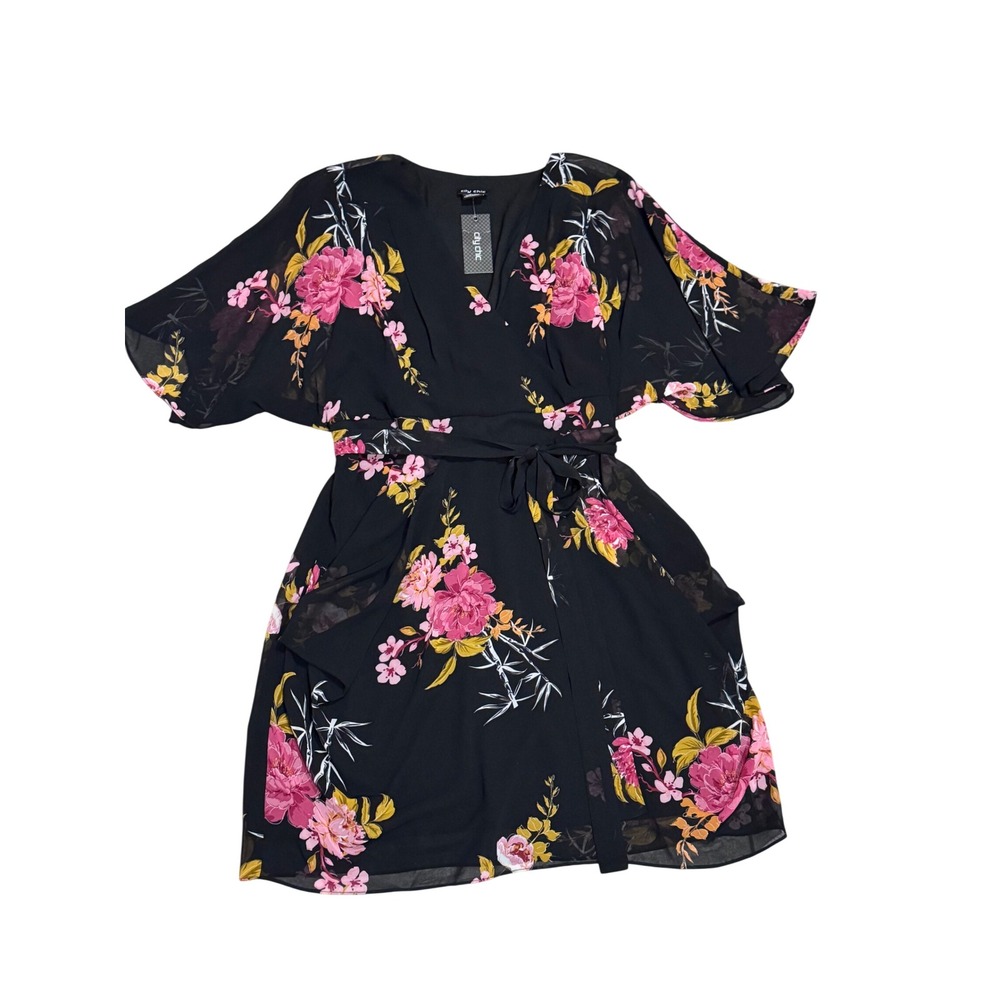 City Chic Beloved Wrap Dress Womens M 18 Black Pink Floral NWT Faux Wrap Chiffon